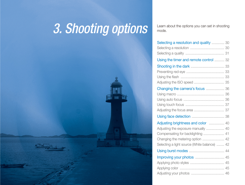 3 shooting options, Shooting, Options | Shooting options | Samsung EC-TL34HBBA-US User Manual | Page 30 / 87