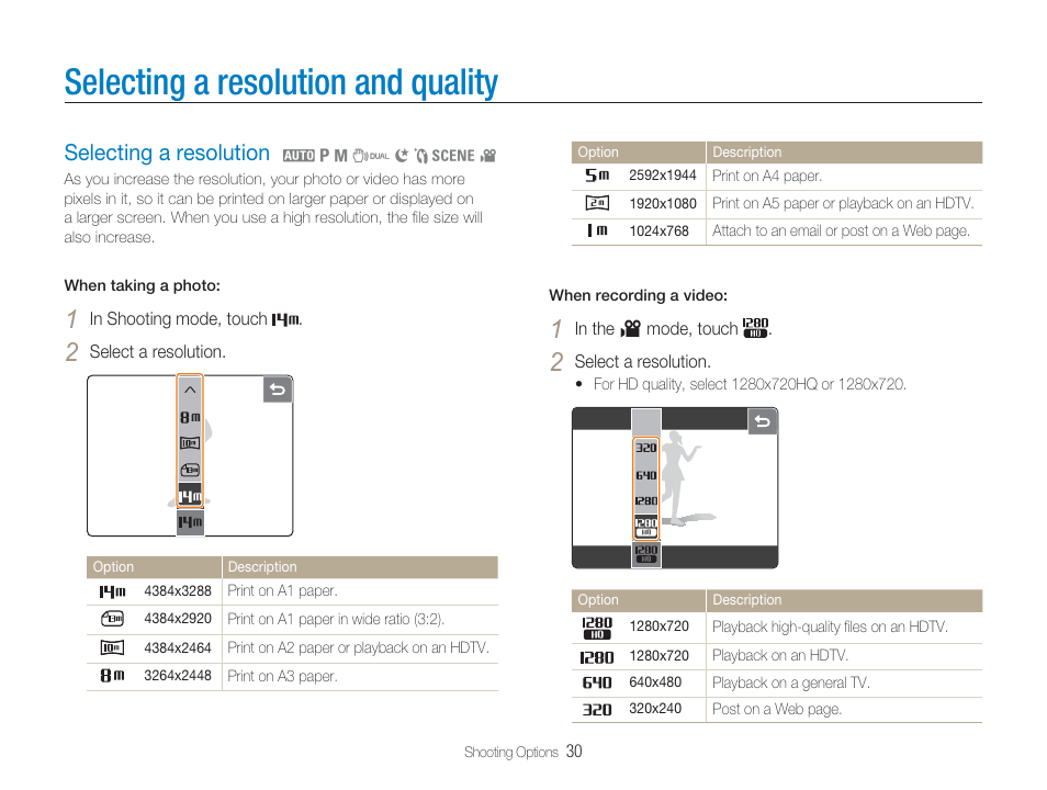 Selecting a resolution and quality, Selecting a resolution | Samsung EC-TL34HBBA-US User Manual | Page 31 / 87