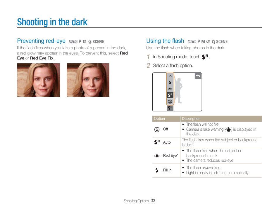 Flash options, Shooting in the dark, Preventing red-eye | Using the ﬂash, Red-eye, P. 33) | Samsung EC-TL34HBBA-US User Manual | Page 34 / 87