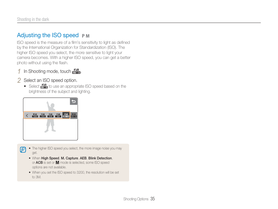 Iso speed (to adjust the sensitivity to light), Adjusting the iso speed, Iso speed | Set iso speed options. (p. 35) | Samsung EC-TL34HBBA-US User Manual | Page 36 / 87