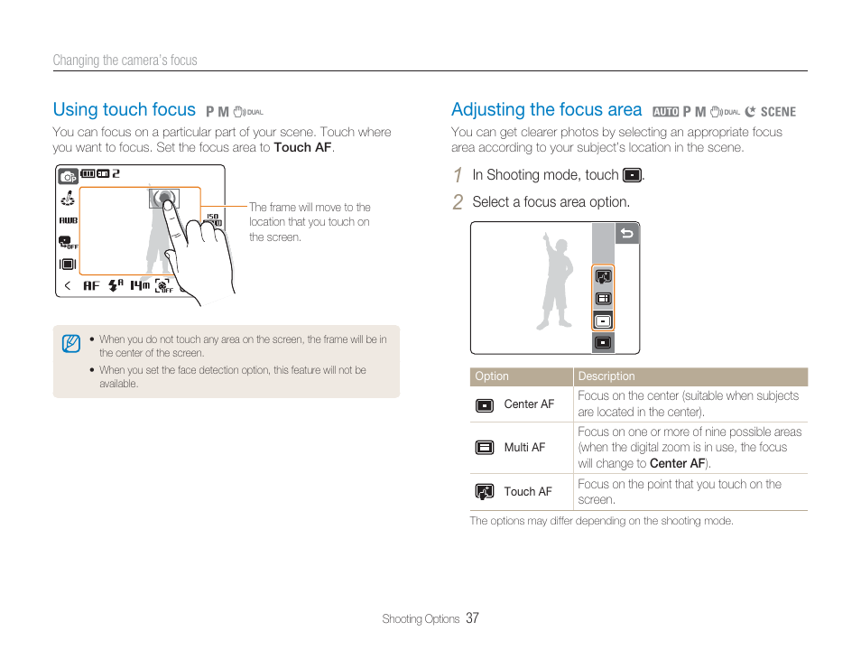 Using touch focus, Adjusting the focus area, Af area | Touch af | Samsung EC-TL34HBBA-US User Manual | Page 38 / 87