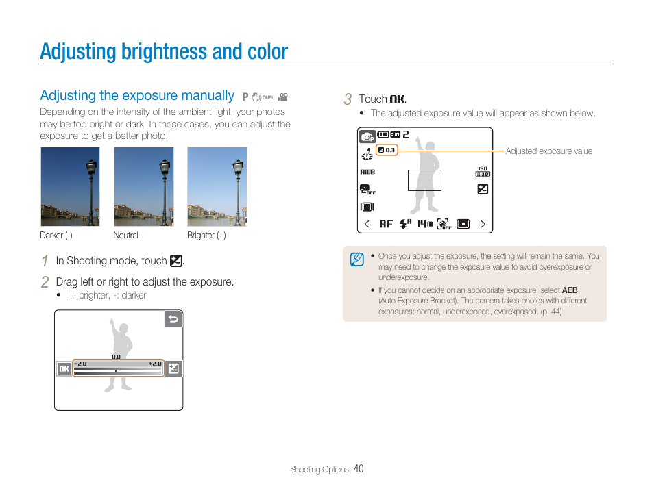 Ev (to adjust exposure), Adjusting brightness and color, Adjusting the exposure manually | Samsung EC-TL34HBBA-US User Manual | Page 41 / 87