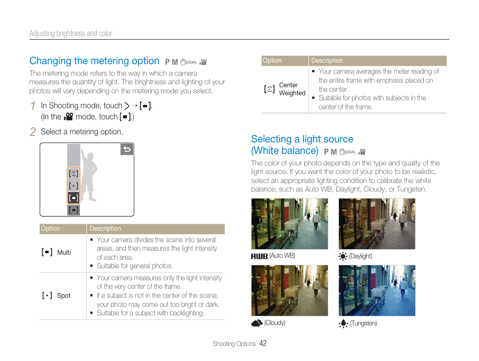 White balance (to change the color tone), Metering, Changing the metering option | Selecting a light source (white balance) | Samsung EC-TL34HBBA-US User Manual | Page 43 / 87