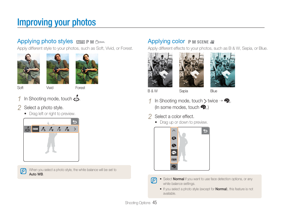 Photo style (to apply a different tone), Effect (to apply a different color ﬁlter), Improving your photos | Applying photo styles, Applying color, Photo style, Color effect | Samsung EC-TL34HBBA-US User Manual | Page 46 / 87