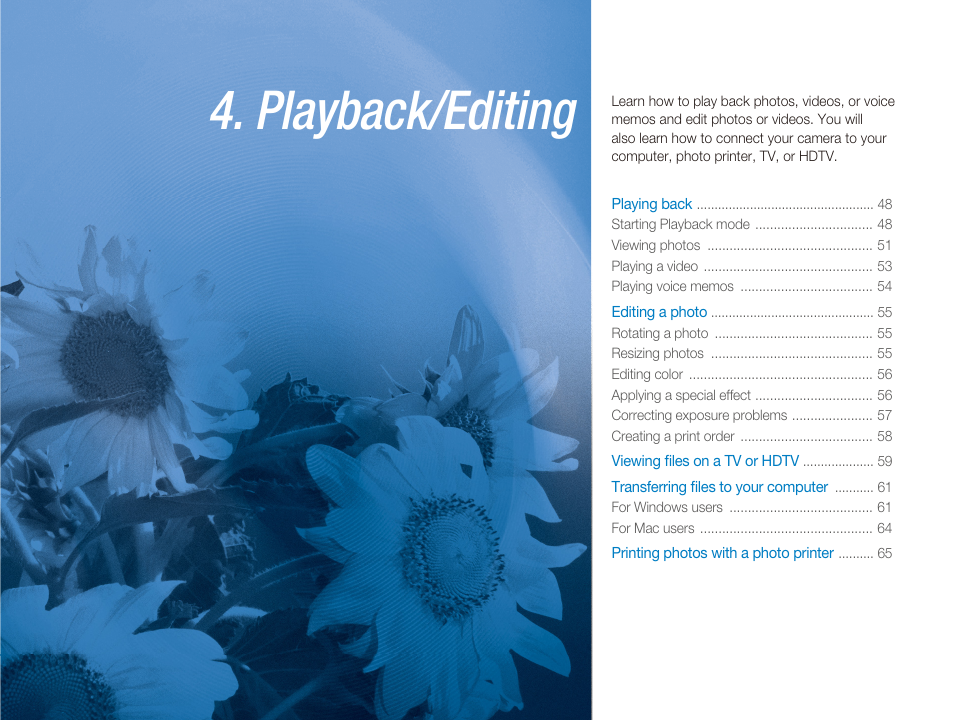 4 playback/editing, Playback/editing | Samsung EC-TL34HBBA-US User Manual | Page 48 / 87