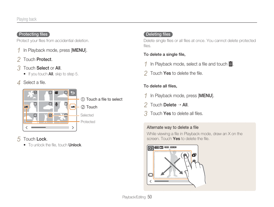 Deleting all ﬁles in the memory card, Delete ﬁles (p. 50) | Samsung EC-TL34HBBA-US User Manual | Page 51 / 87