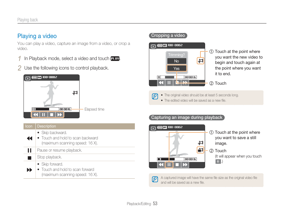 Playing a video, Video p. 53/voice memo p. 54) | Samsung EC-TL34HBBA-US User Manual | Page 54 / 87