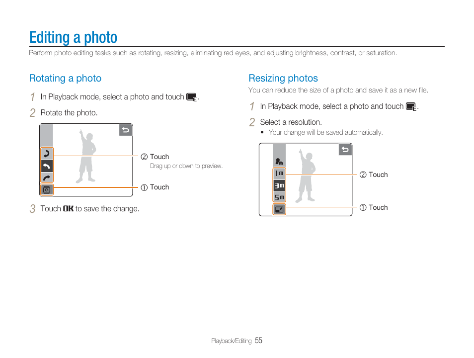 Editing a photo, Rotating a photo, Resizing photos | Edit menu for photos (p. 55) | Samsung EC-TL34HBBA-US User Manual | Page 56 / 87