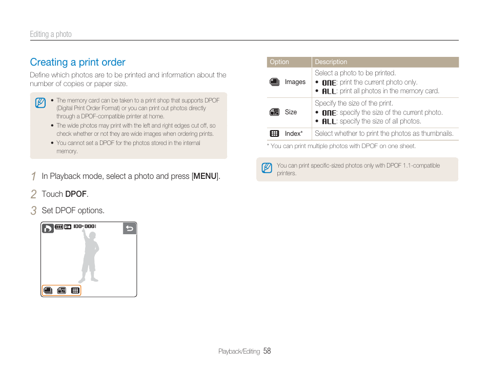 Creating a print order, Dpof | Samsung EC-TL34HBBA-US User Manual | Page 59 / 87