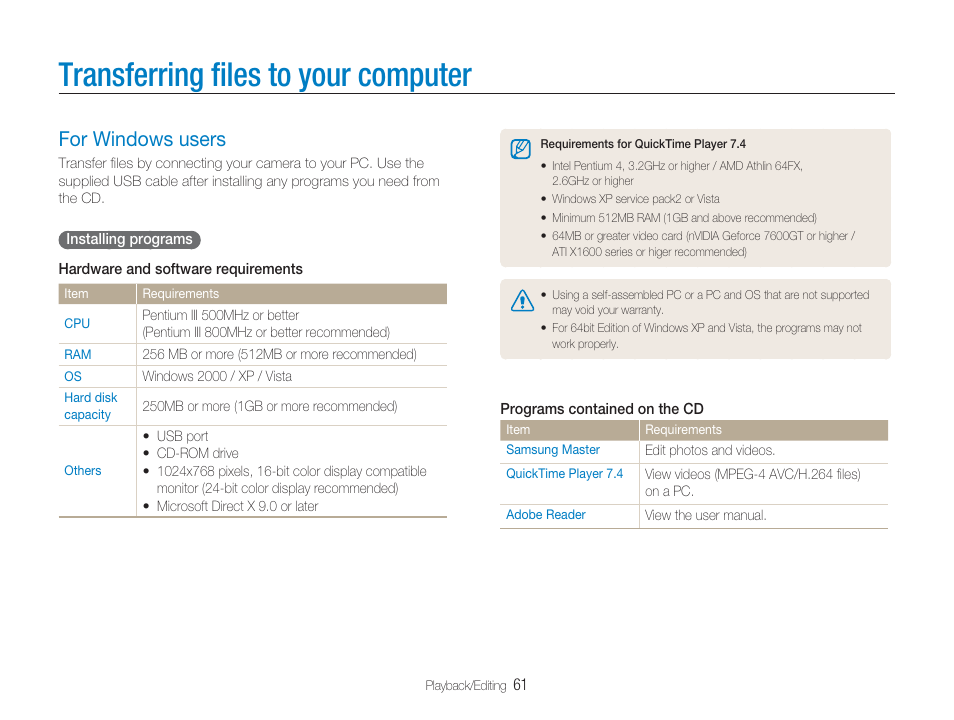 Connecting your camera to a computer, Transferring ﬁles to your computer, For windows users | Samsung EC-TL34HBBA-US User Manual | Page 62 / 87