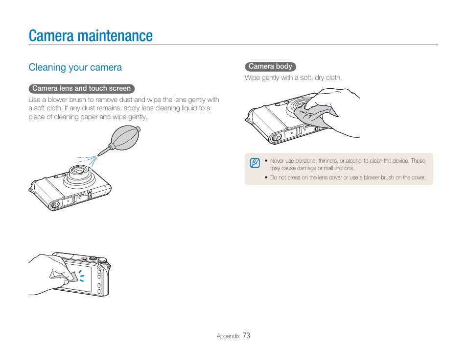 Camera maintenance, Cleaning your camera | Samsung EC-TL34HBBA-US User Manual | Page 74 / 87