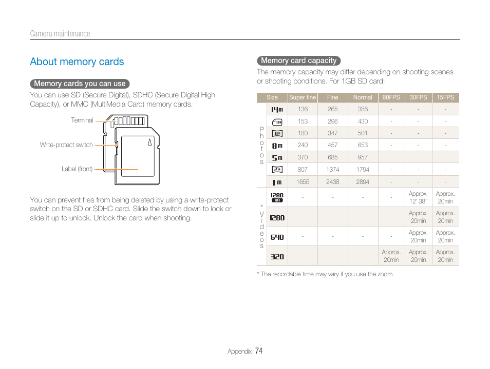 About memory cards, Camera maintenance | Samsung EC-TL34HBBA-US User Manual | Page 75 / 87