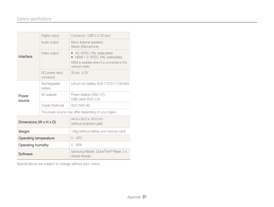 Correct disposal of this product, Camera speciﬁcations | Samsung EC-TL34HBBA-US User Manual | Page 82 / 87