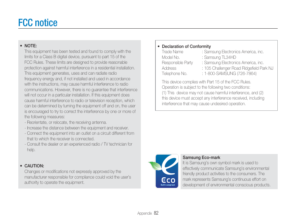 Fcc notice | Samsung EC-TL34HBBA-US User Manual | Page 83 / 87