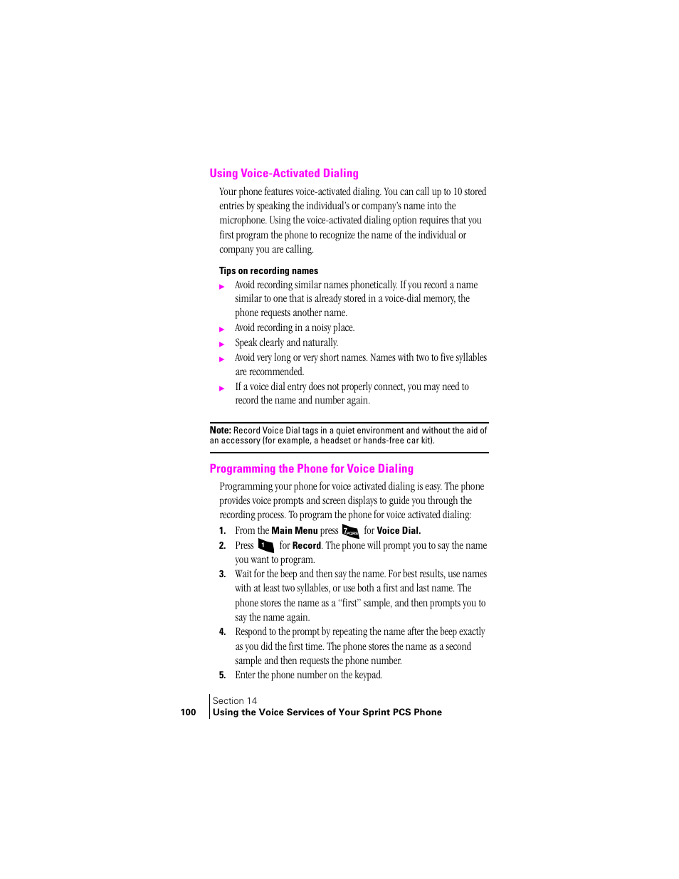 Using voice-activated dialing, Tips on recording names, Programming the phone for voice dialing | Samsung SPH-A460ZSABMC User Manual | Page 100 / 159