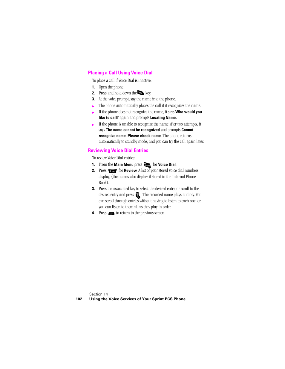 Placing a call using voice dial, Reviewing voice dial entries | Samsung SPH-A460ZSABMC User Manual | Page 102 / 159