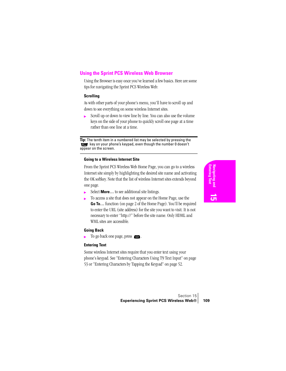 Using the sprint pcs wireless web browser, Scrolling, Going to a wireless internet site | Going back, Entering text | Samsung SPH-A460ZSABMC User Manual | Page 109 / 159