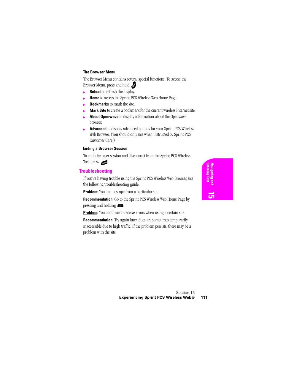 The browser menu, Ending a browser session, Troubleshooting | Samsung SPH-A460ZSABMC User Manual | Page 111 / 159