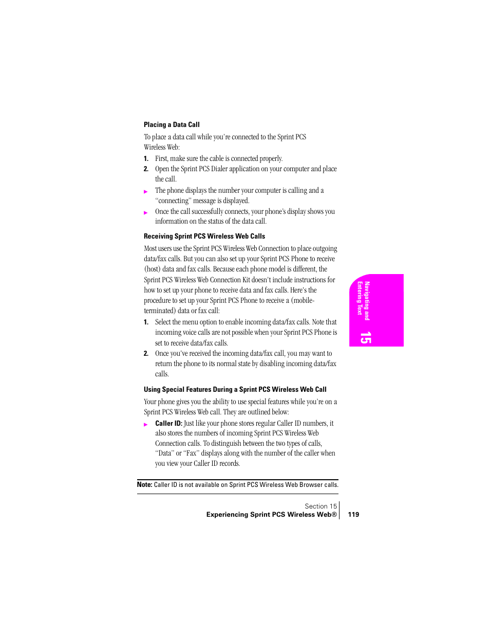 Placing a data call, Receiving sprint pcs wireless web calls | Samsung SPH-A460ZSABMC User Manual | Page 119 / 159