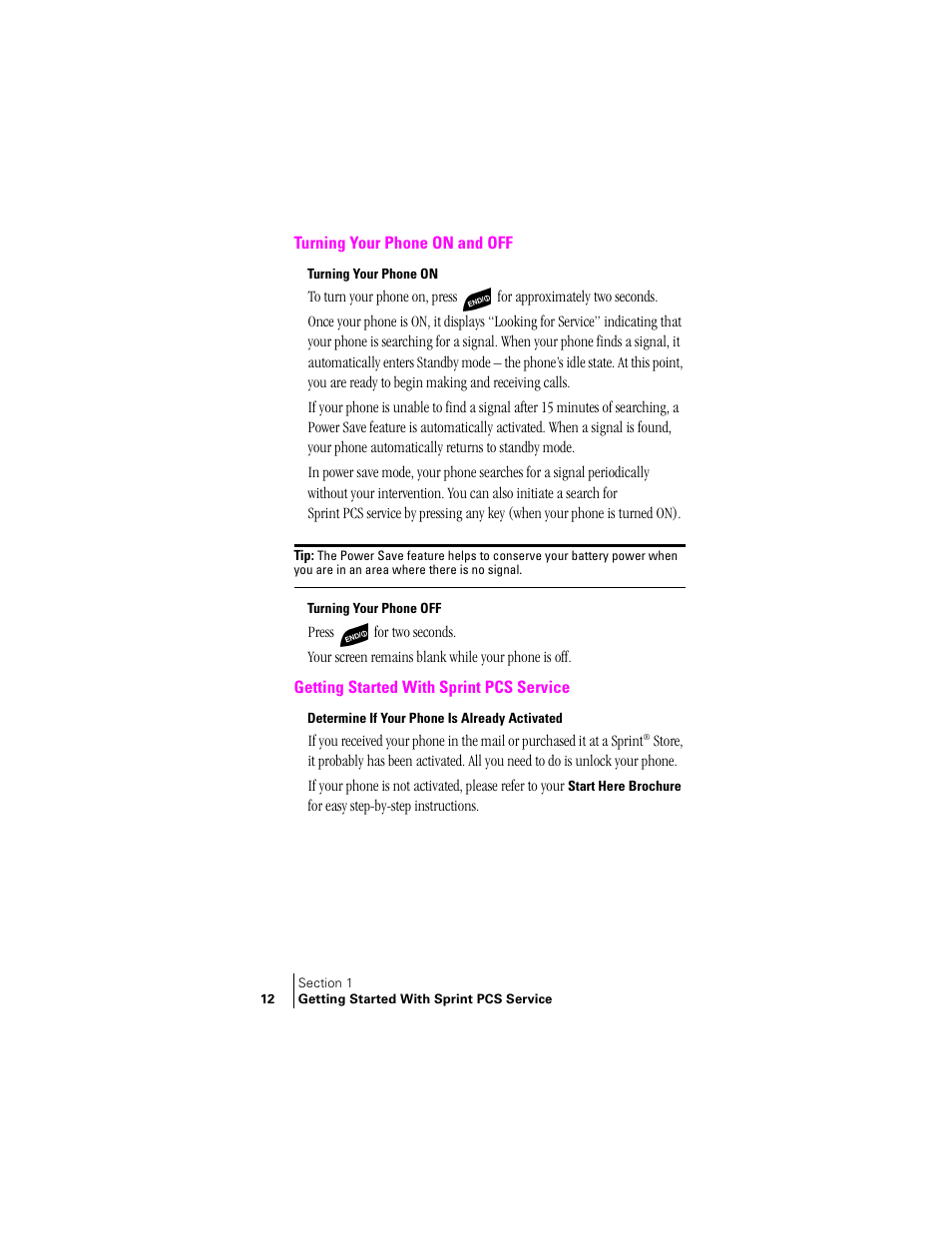 Turning your phone on and off, Turning your phone on, Turning your phone off | Getting started with sprint pcs service, Determine if your phone is already activated | Samsung SPH-A460ZSABMC User Manual | Page 12 / 159
