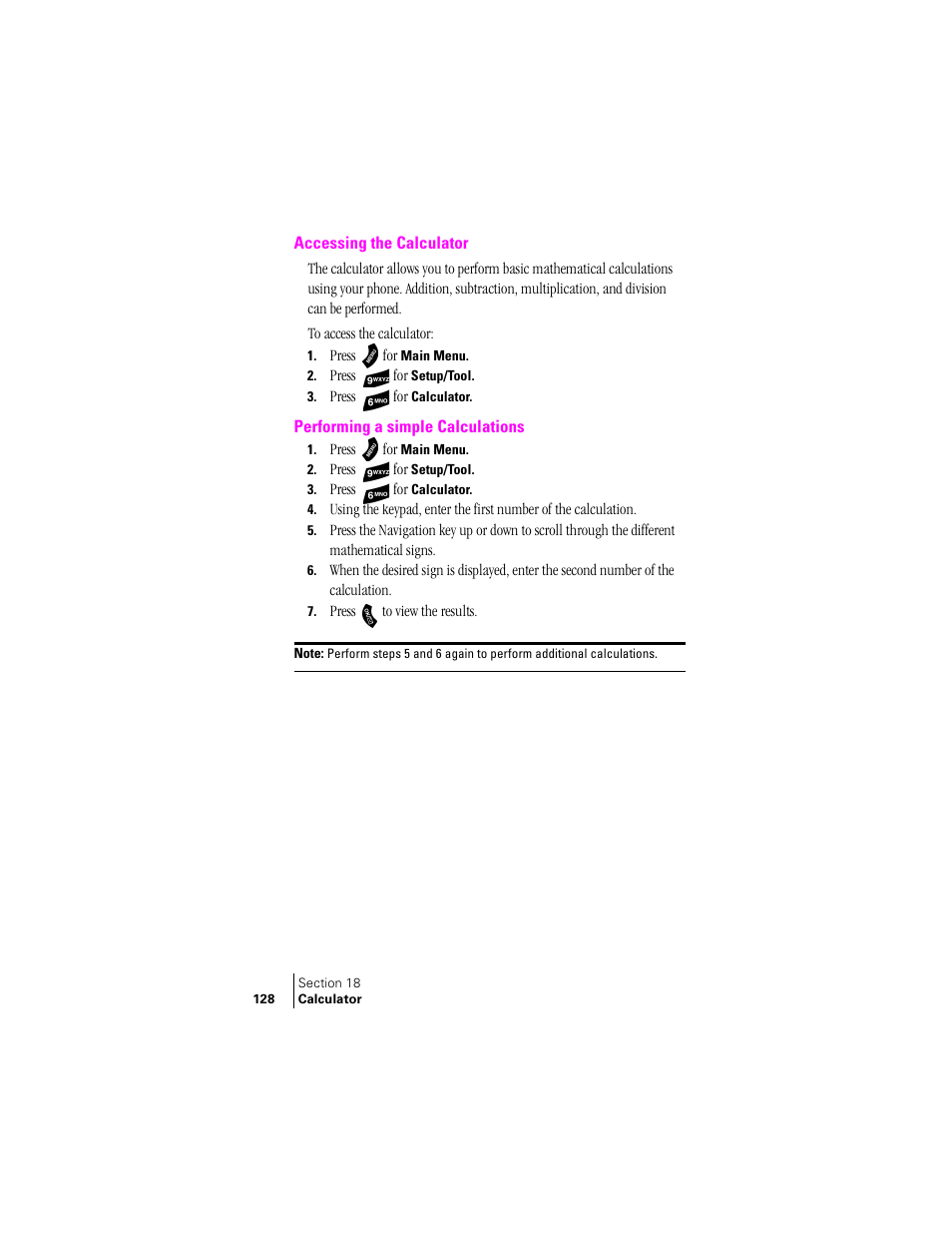 Accessing the calculator, Performing a simple calculations | Samsung SPH-A460ZSABMC User Manual | Page 128 / 159