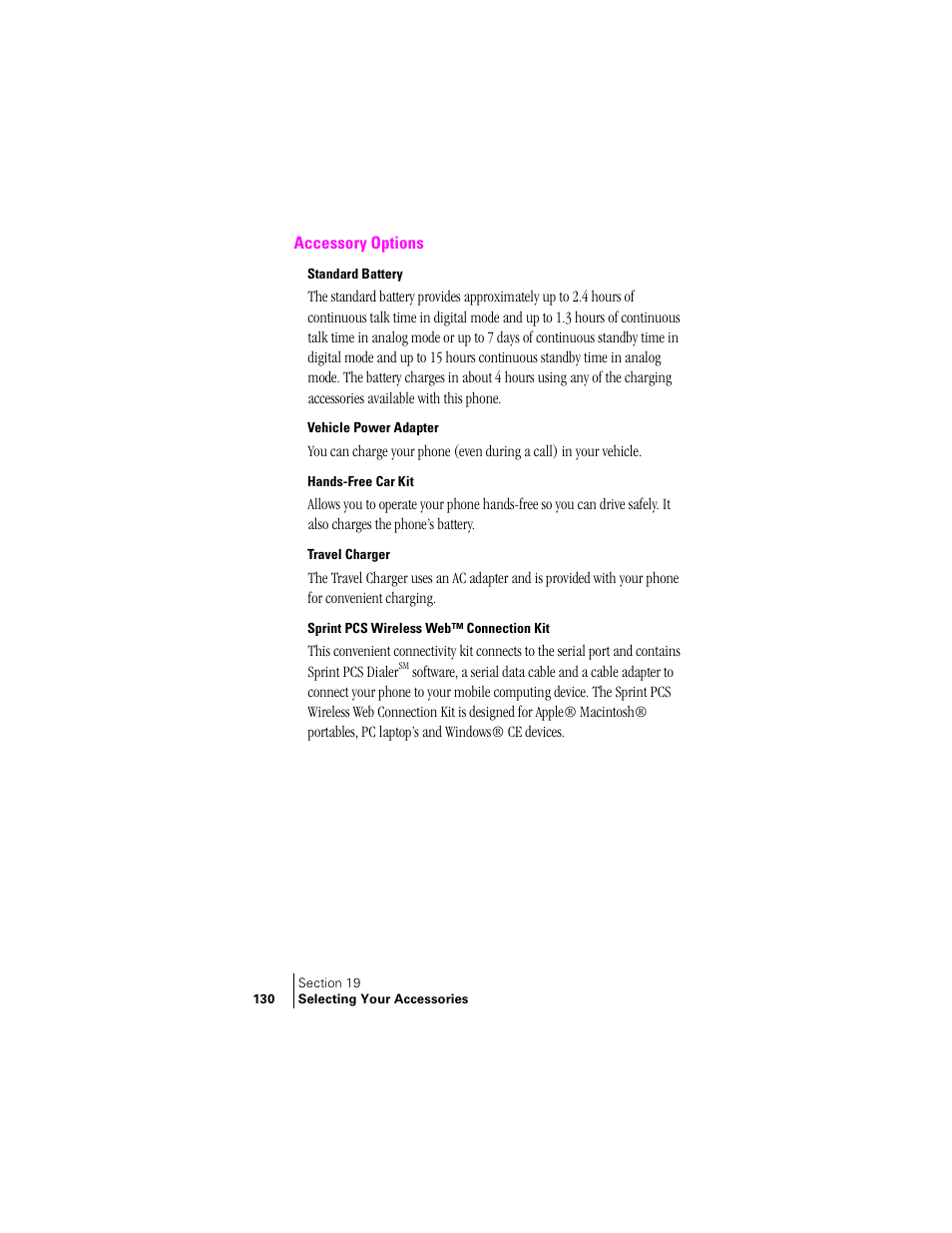 Accessory options, Standard battery, Vehicle power adapter | Hands-free car kit, Travel charger, Sprint pcs wireless web™ connection kit | Samsung SPH-A460ZSABMC User Manual | Page 130 / 159