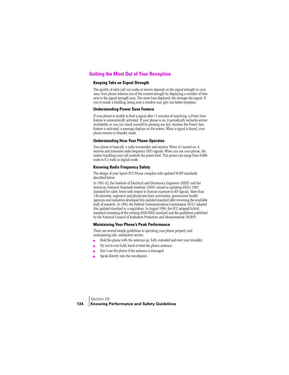 Getting the most out of your reception, Keeping tabs on signal strength, Understanding power save feature | Understanding how your phone operates, Knowing radio frequency safety, Maintaining your phone’s peak performance | Samsung SPH-A460ZSABMC User Manual | Page 134 / 159