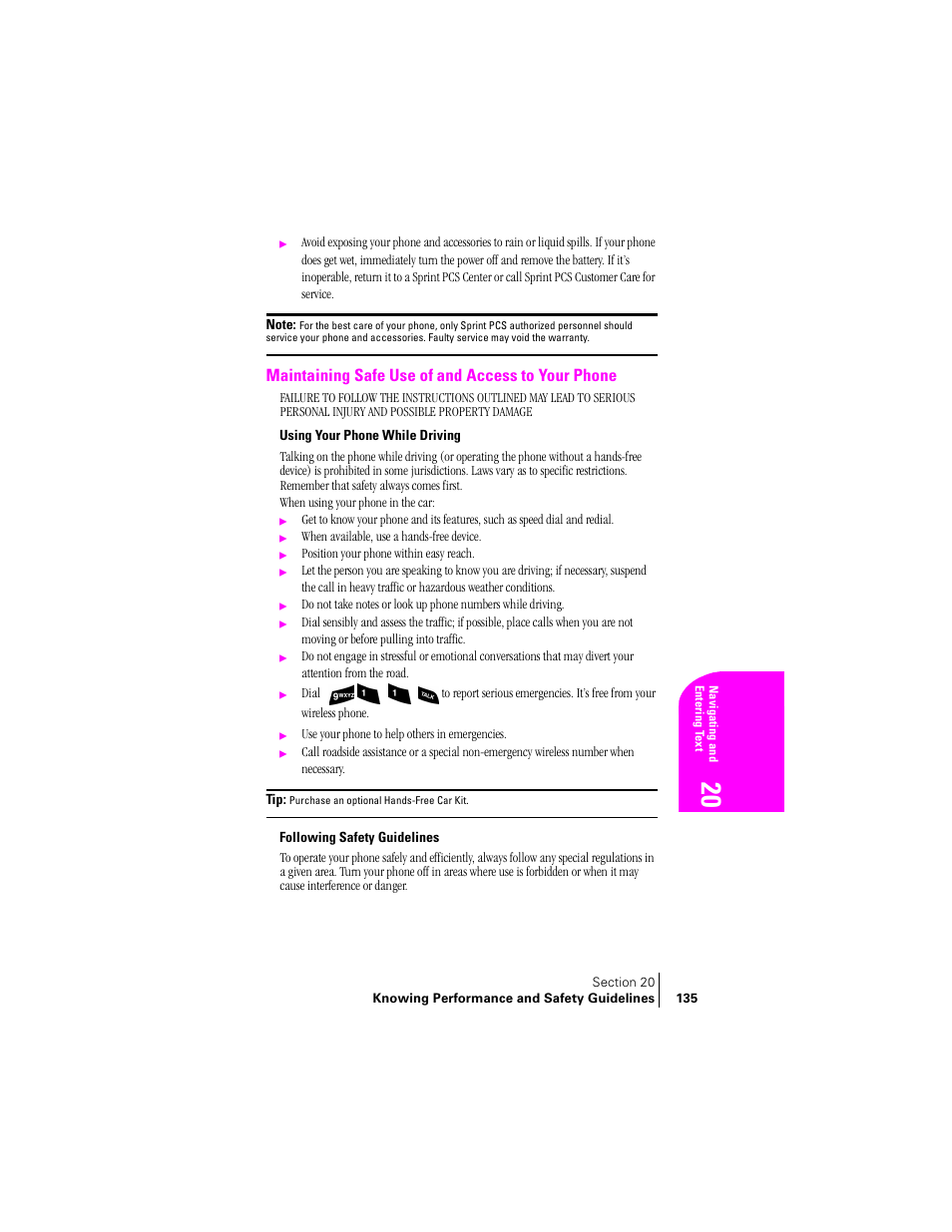 Maintaining safe use of and access to your phone, Using your phone while driving, Following safety guidelines | Samsung SPH-A460ZSABMC User Manual | Page 135 / 159