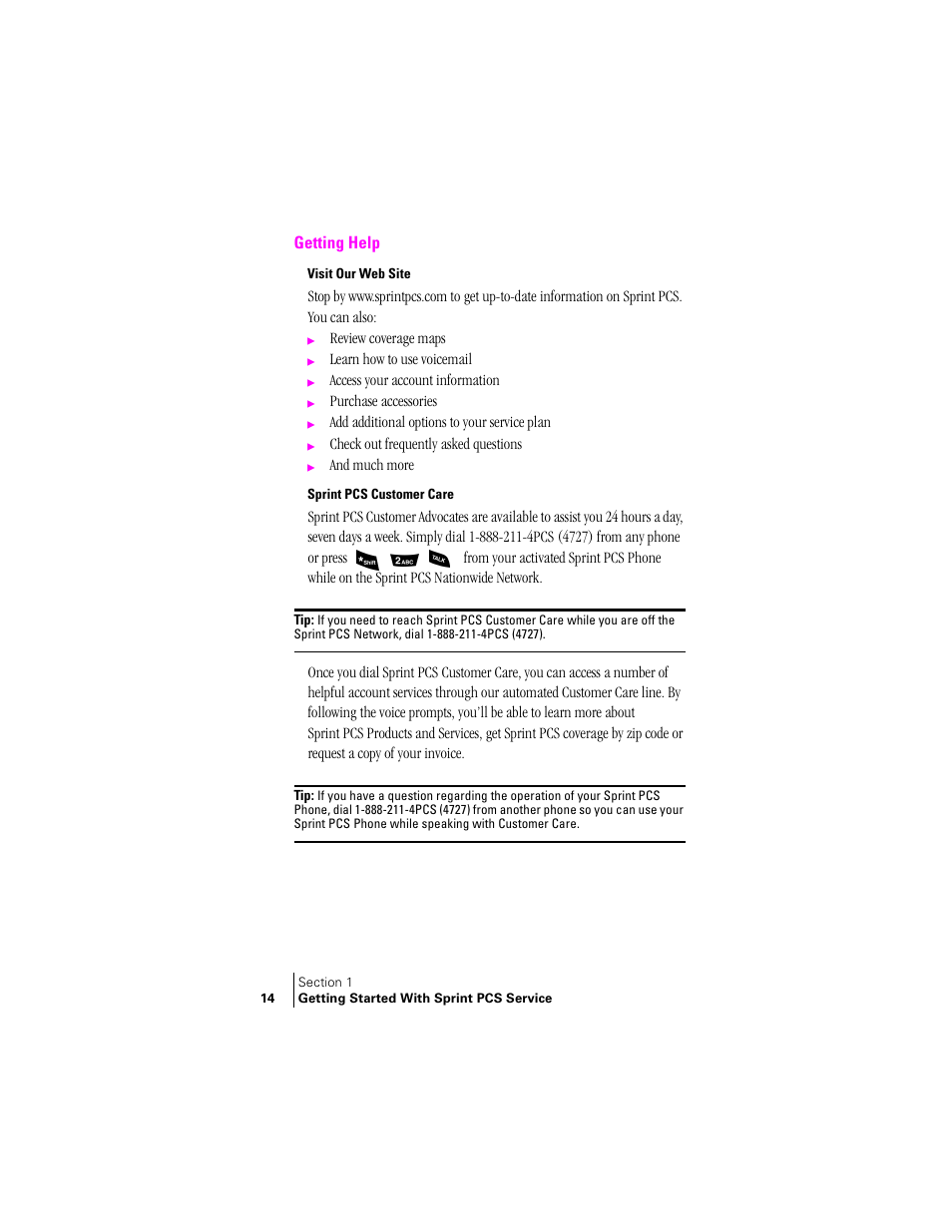 Getting help, Visit our web site, Sprint pcs customer care | Samsung SPH-A460ZSABMC User Manual | Page 14 / 159