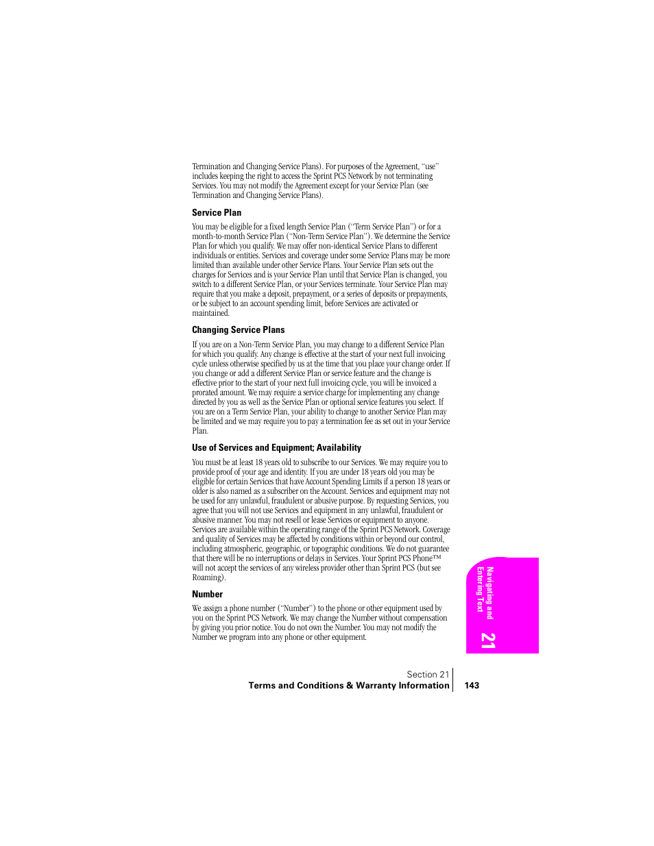 Service plan, Changing service plans, Use of services and equipment; availability | Number | Samsung SPH-A460ZSABMC User Manual | Page 143 / 159