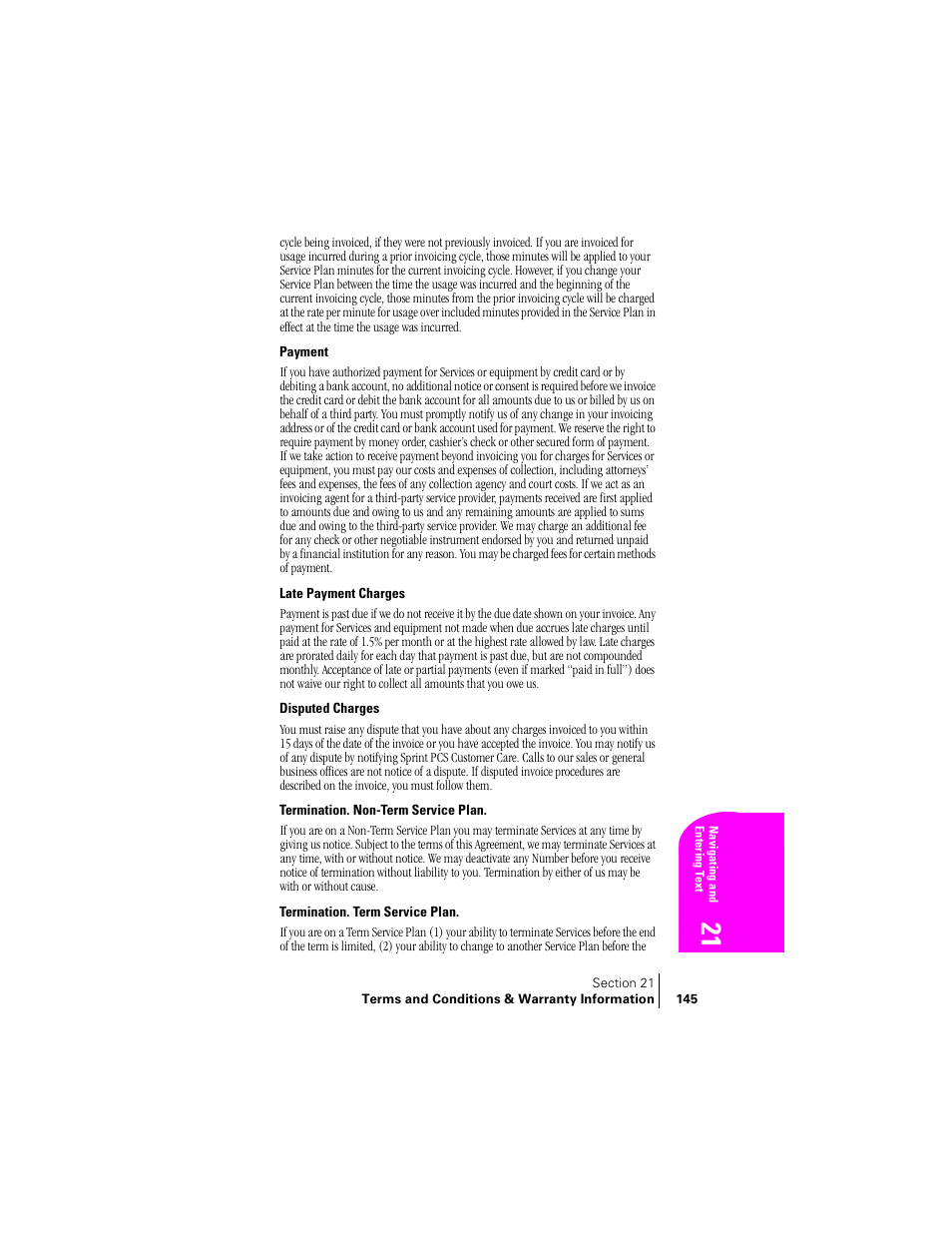 Payment, Late payment charges, Disputed charges | Termination. non-term service plan, Termination. term service plan | Samsung SPH-A460ZSABMC User Manual | Page 145 / 159