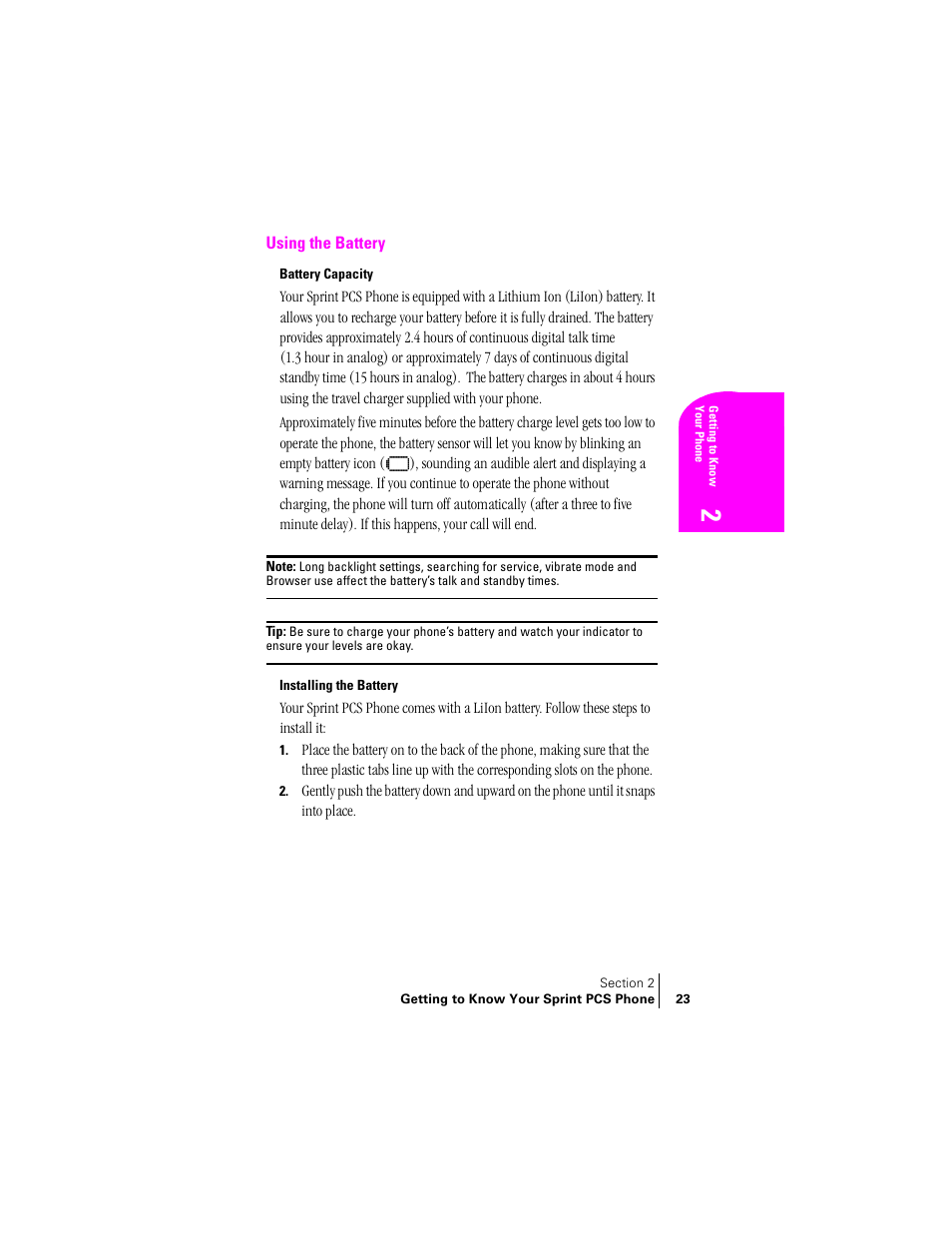 Using the battery, Battery capacity, Installing the battery | Samsung SPH-A460ZSABMC User Manual | Page 23 / 159