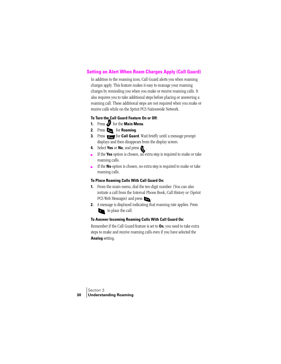 To turn the call guard feature on or off, To place roaming calls with call guard on | Samsung SPH-A460ZSABMC User Manual | Page 30 / 159