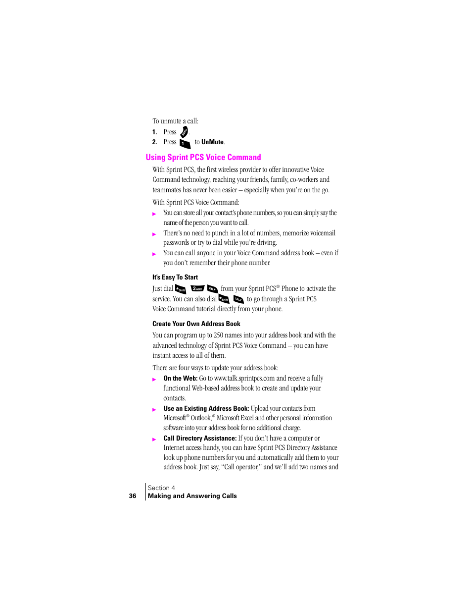 Using sprint pcs voice command, It’s easy to start, Create your own address book | Using sprint pcs voice | Samsung SPH-A460ZSABMC User Manual | Page 36 / 159