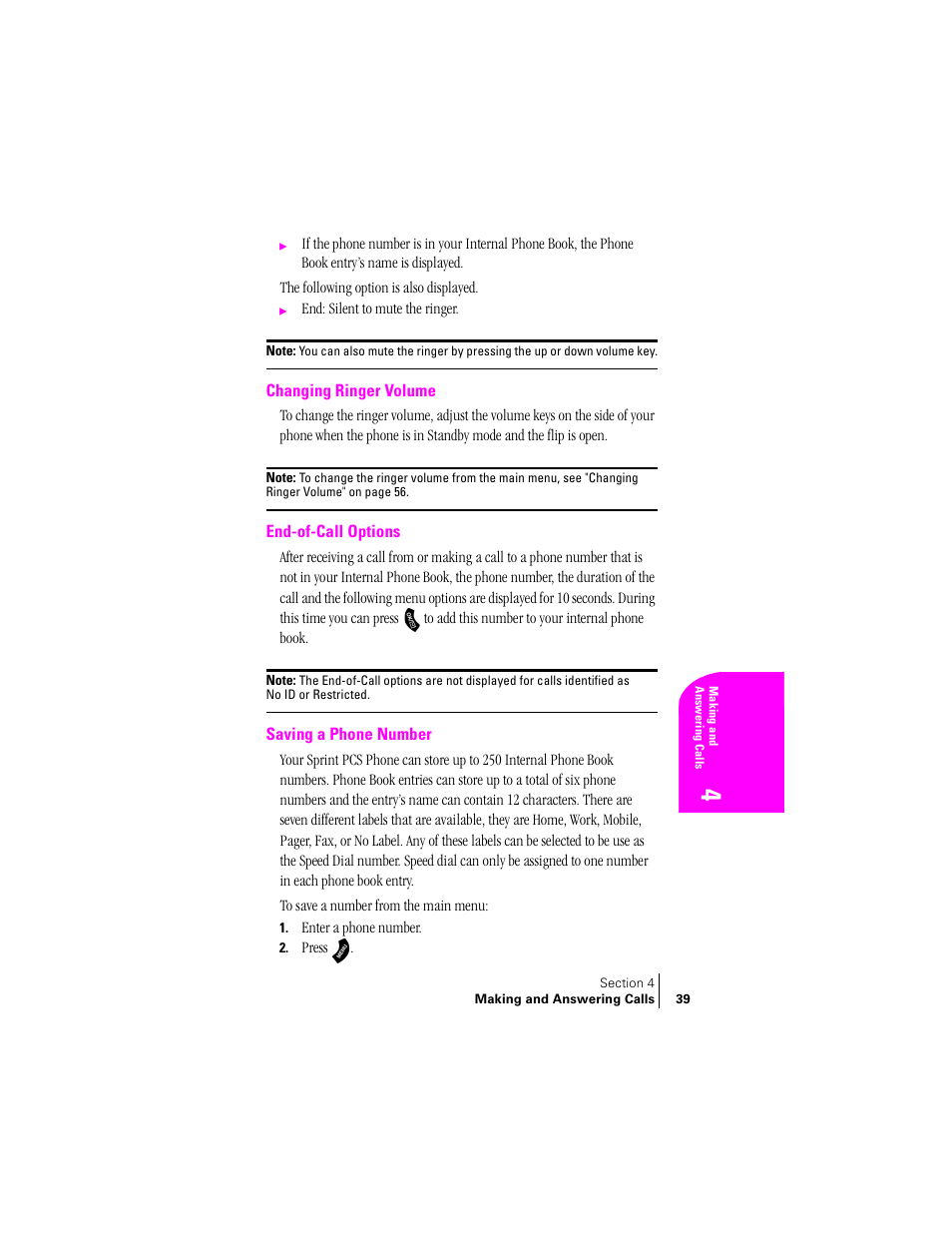 Changing ringer volume, End-of-call options, Saving a phone number | Samsung SPH-A460ZSABMC User Manual | Page 39 / 159