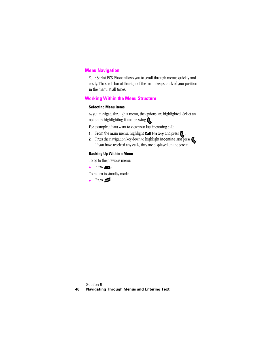 Menu navigation, Working within the menu structure, Selecting menu items | Backing up within a menu | Samsung SPH-A460ZSABMC User Manual | Page 46 / 159