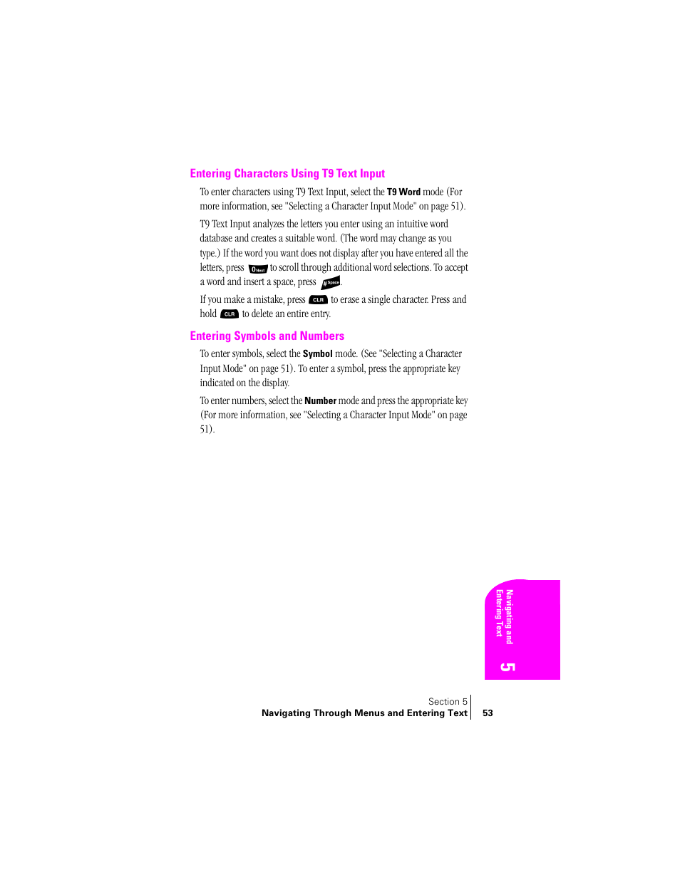 Entering characters using t9 text input, Entering symbols and numbers | Samsung SPH-A460ZSABMC User Manual | Page 53 / 159