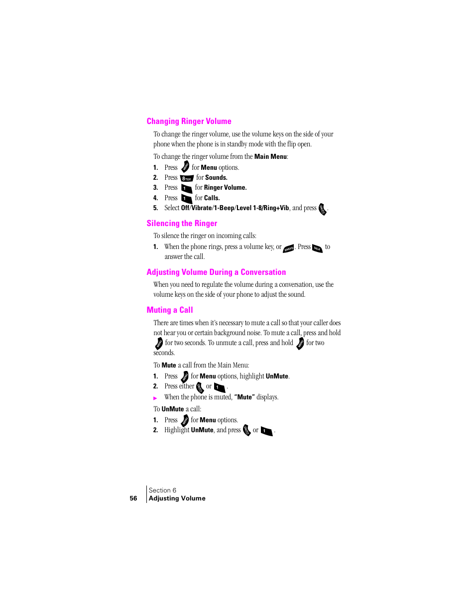 Changing ringer volume, Silencing the ringer, Adjusting volume during a conversation | Muting a call | Samsung SPH-A460ZSABMC User Manual | Page 56 / 159