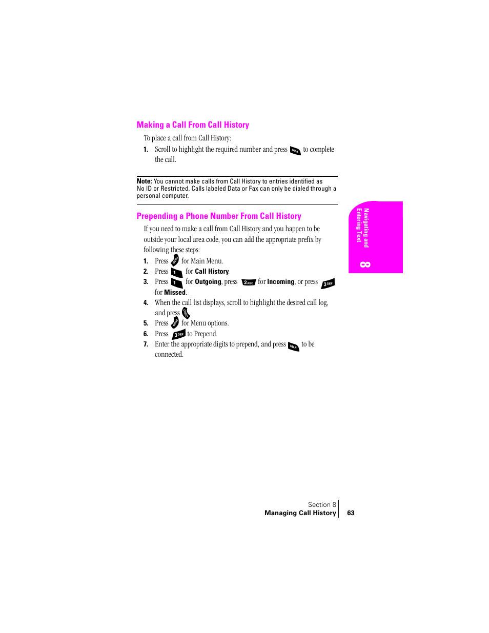 Making a call from call history, Prepending a phone number from call history | Samsung SPH-A460ZSABMC User Manual | Page 63 / 159