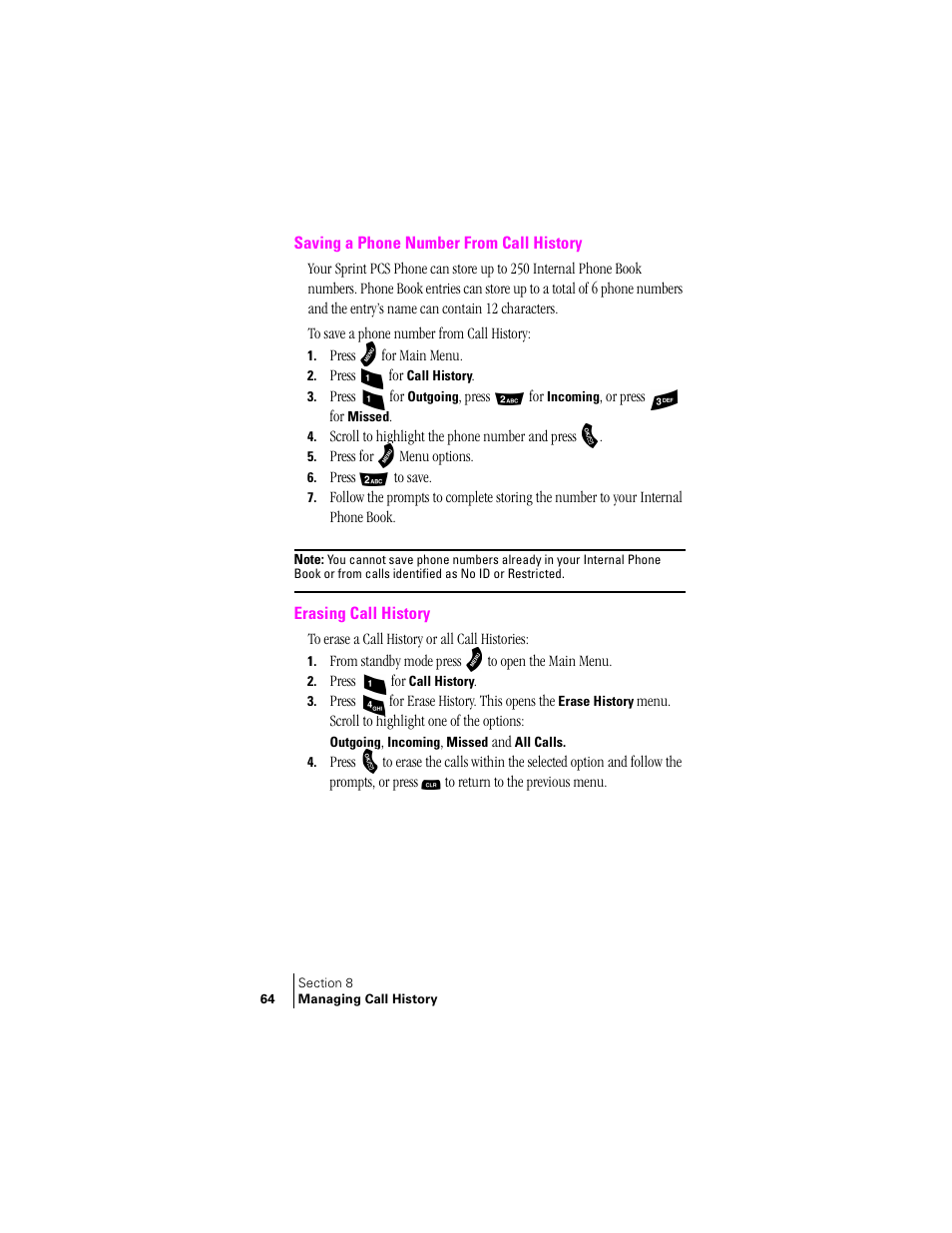 Saving a phone number from call history, Erasing call history | Samsung SPH-A460ZSABMC User Manual | Page 64 / 159