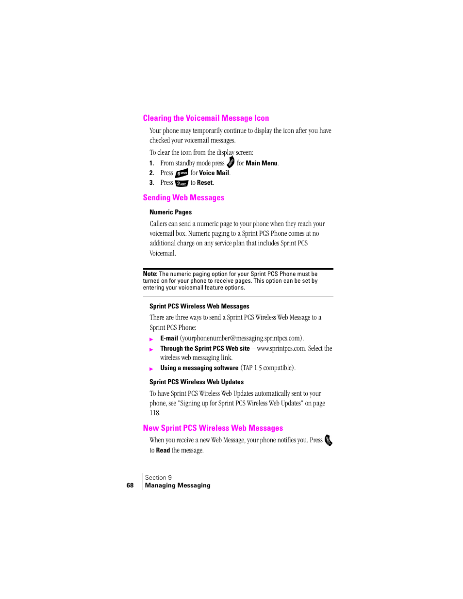 Clearing the voicemail message icon, Sending web messages, Sprint pcs wireless web messages | Sprint pcs wireless web updates, New sprint pcs wireless web messages | Samsung SPH-A460ZSABMC User Manual | Page 68 / 159