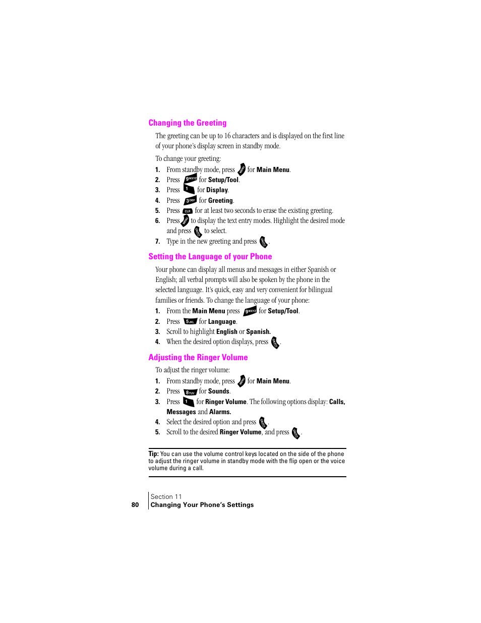 Changing the greeting, Setting the language of your phone, Adjusting the ringer volume | Samsung SPH-A460ZSABMC User Manual | Page 80 / 159