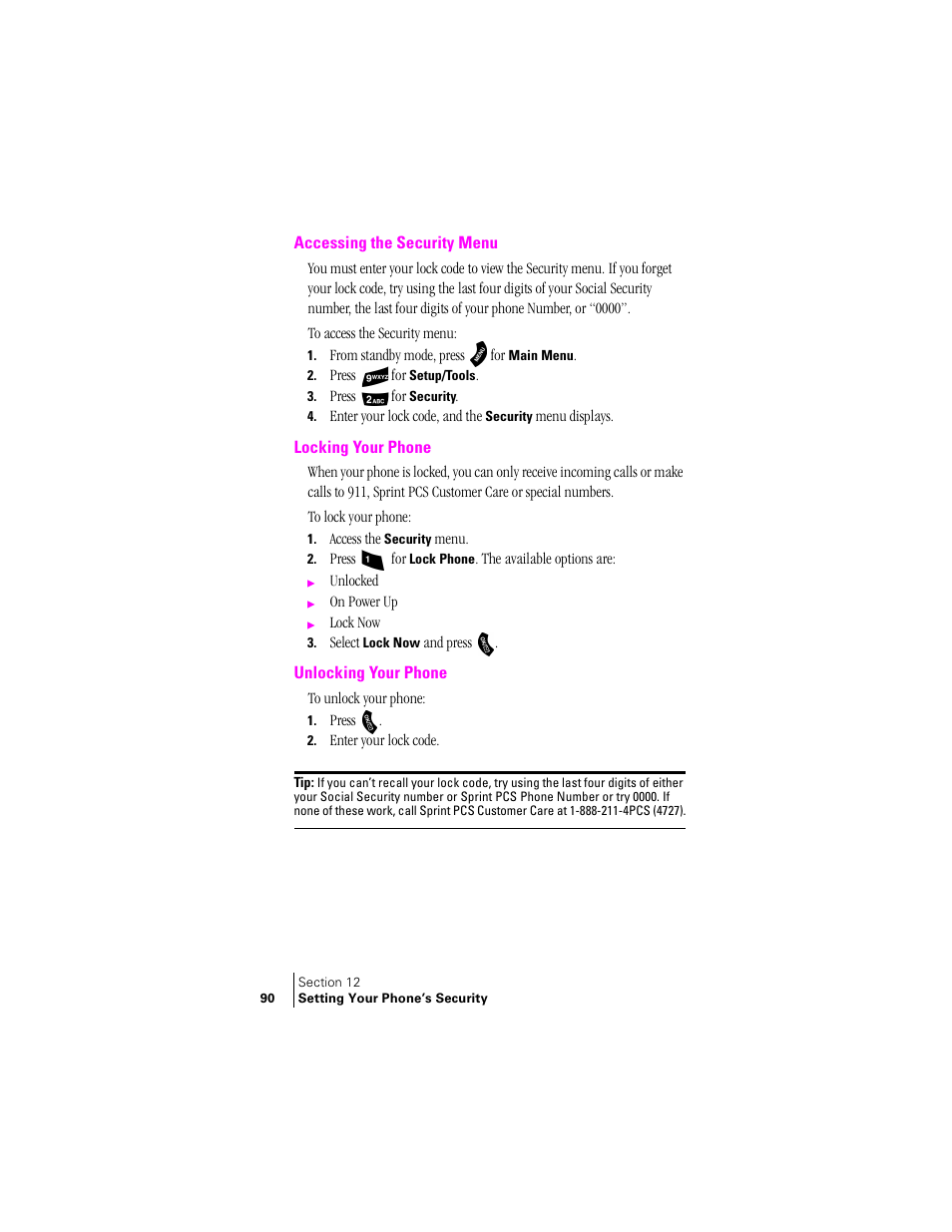 Accessing the security menu, Locking your phone, Unlocking your phone | Samsung SPH-A460ZSABMC User Manual | Page 90 / 159