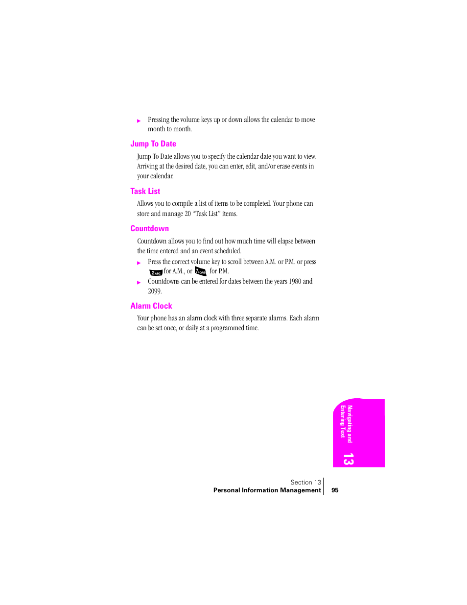 Jump to date, Task list, Countdown | Alarm clock | Samsung SPH-A460ZSABMC User Manual | Page 95 / 159