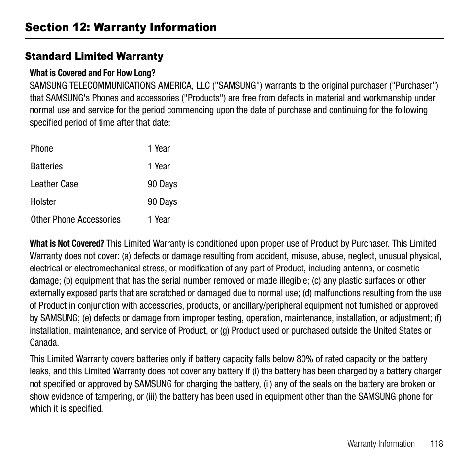 Section 12: warranty information, Standard limited warranty | Samsung SGH-T109OGATMB User Manual | Page 121 / 128