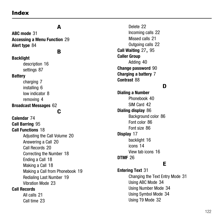 Index | Samsung SGH-T109OGATMB User Manual | Page 125 / 128