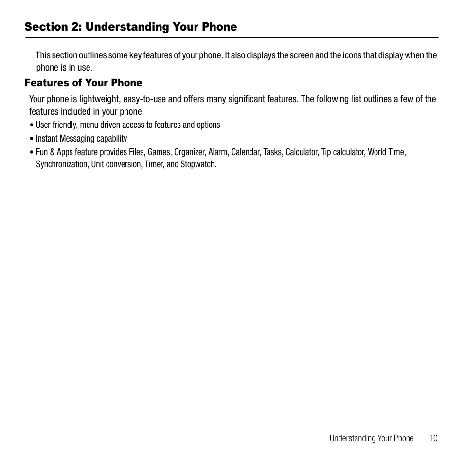 Section 2: understanding your phone, Features of your phone | Samsung SGH-T109OGATMB User Manual | Page 13 / 128