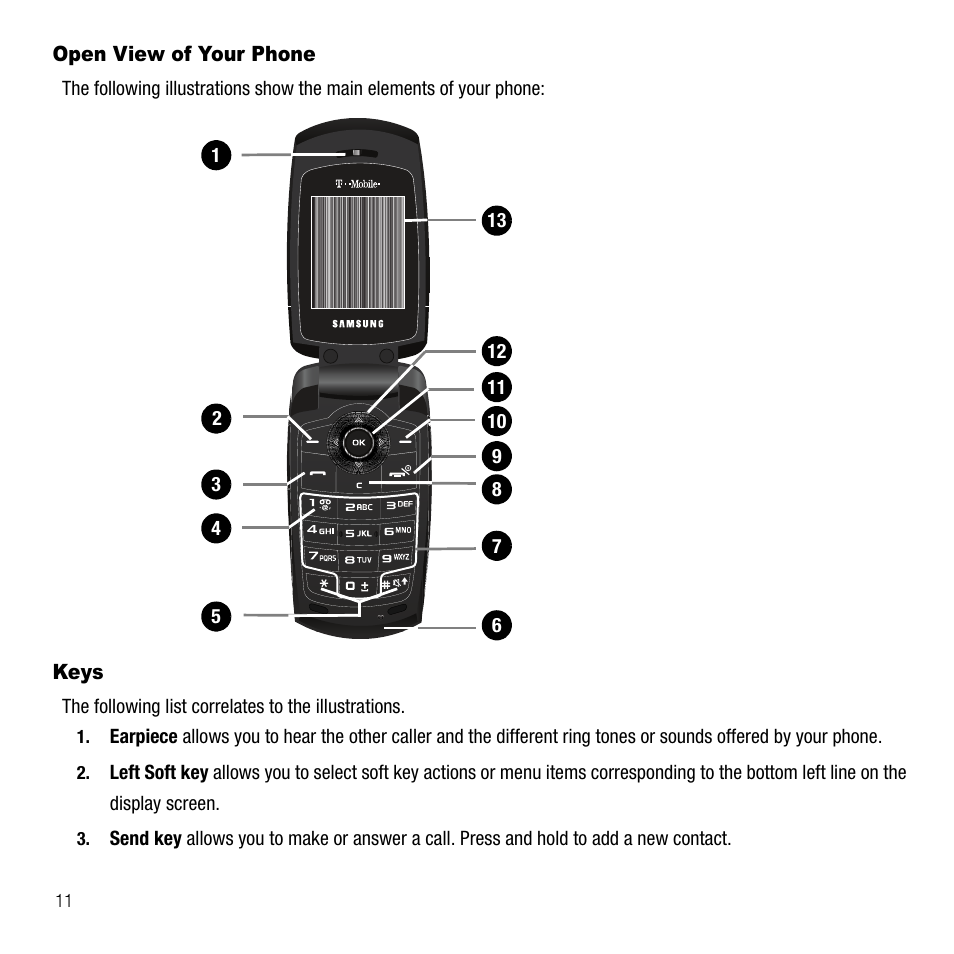 Open view of your phone, Keys, Open view of your phone keys | Samsung SGH-T109OGATMB User Manual | Page 14 / 128