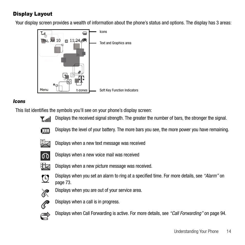 Display layout | Samsung SGH-T109OGATMB User Manual | Page 17 / 128