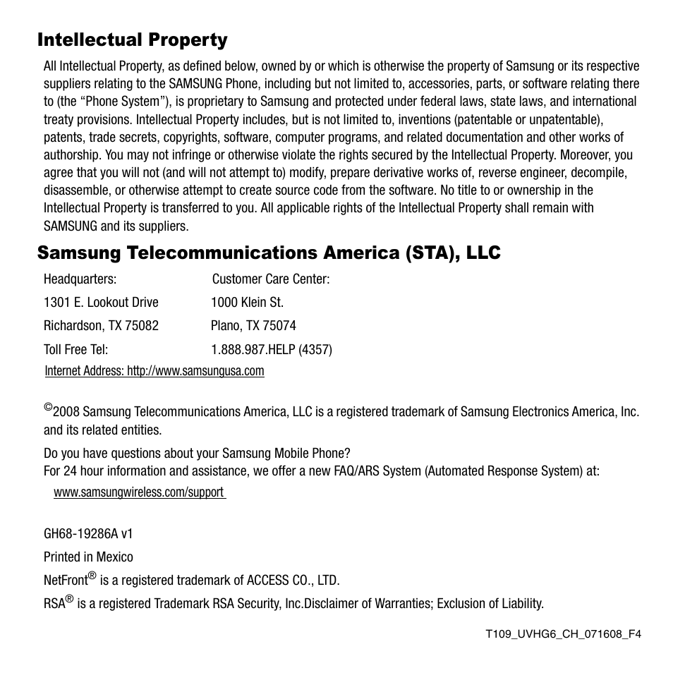 Intellectual property, Samsung telecommunications america (sta), llc | Samsung SGH-T109OGATMB User Manual | Page 2 / 128